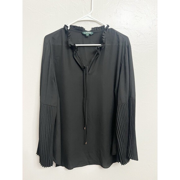 Lauren Ralph Lauren Black Top 2X Pleated Drape Stretch Minimalist Balloon Sleeve - Picture 1 of 7